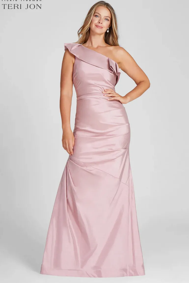One Shoulder Pleat Draped Stretch Taffeta Gown