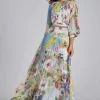 Patchwork Print Pleated Chiffon Maxi Gown