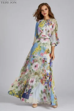 Patchwork Print Pleated Chiffon Maxi Gown
