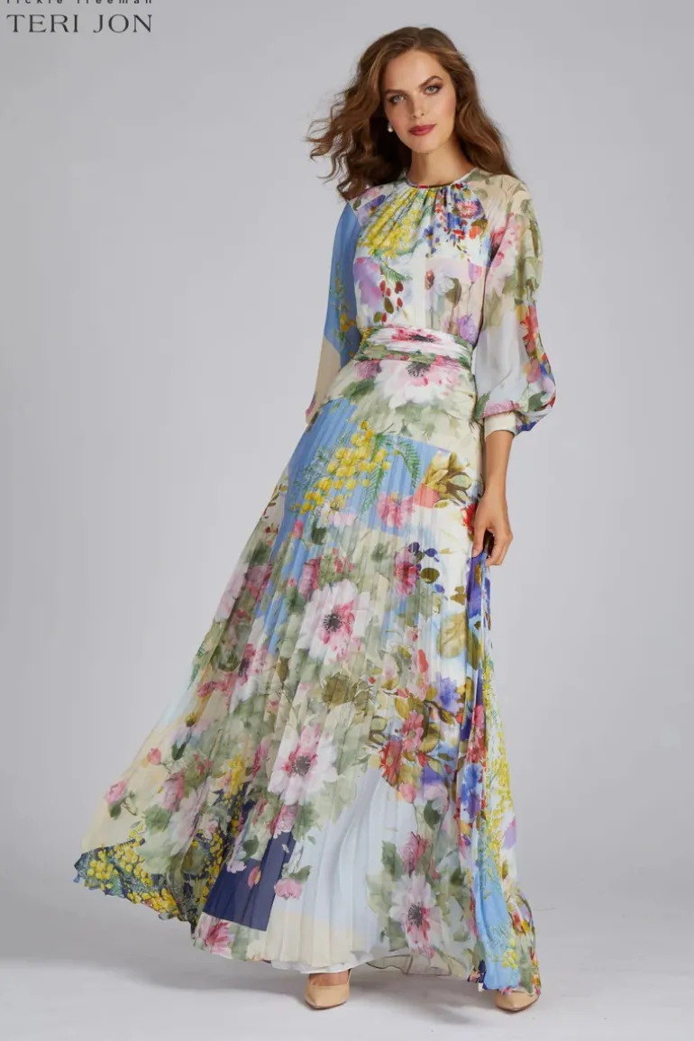 Patchwork Print Pleated Chiffon Maxi Gown