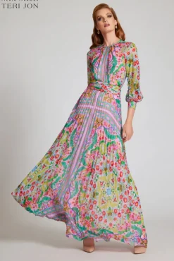 Patchwork Printed Chiffon Pleated Gown