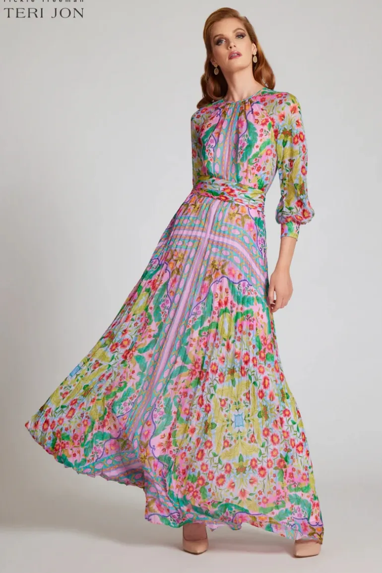 Patchwork Printed Chiffon Pleated Gown