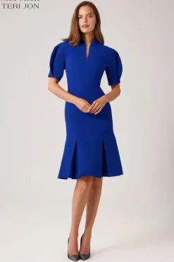 Pebble Stretch Crepe V-Neck Puff Sleeve Dress