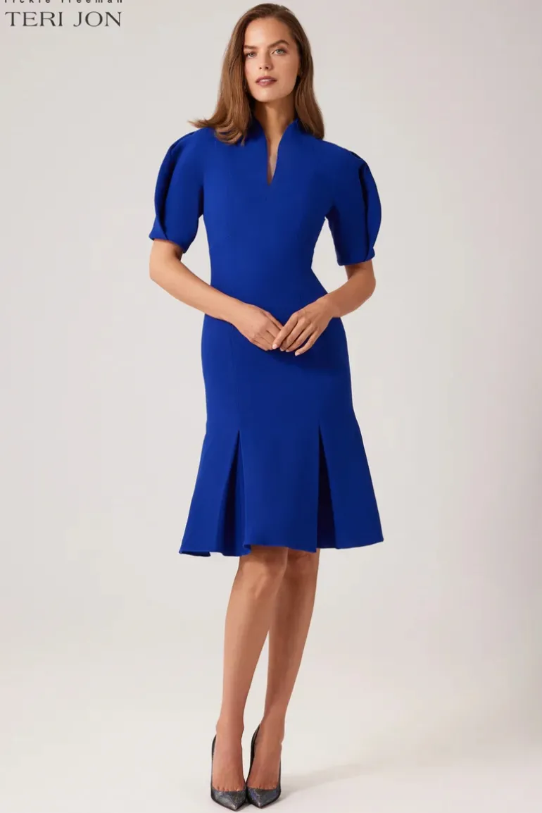 Pebble Stretch Crepe V-Neck Puff Sleeve Dress