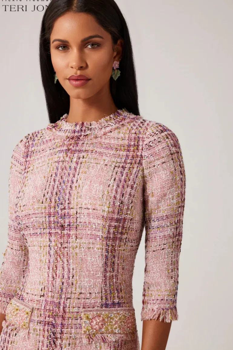 Plaid Pattern Tweed Jewel Neckline 3/4 Sleeve Dress