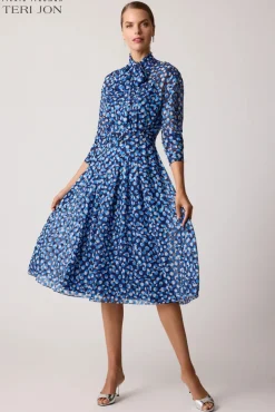 Polka Dot Chiffon Tie Neck Belted Dress