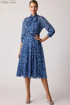 Polka Dot Chiffon Tie Neck Belted Dress