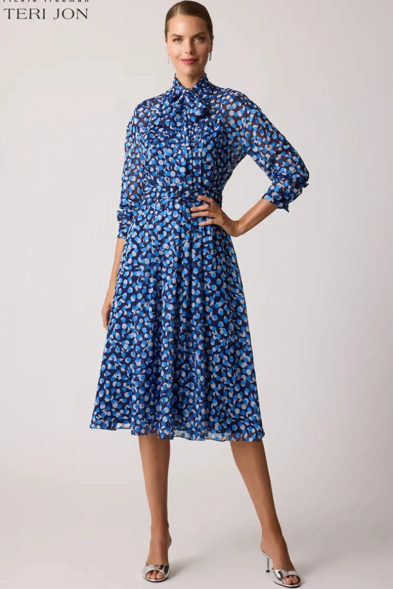 Polka Dot Chiffon Tie Neck Belted Dress