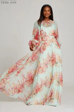 Printed Floral Pleated Maxi Gown