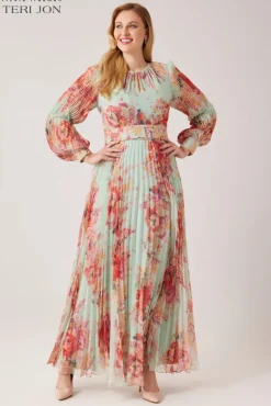 Printed Floral Pleated Maxi Gown