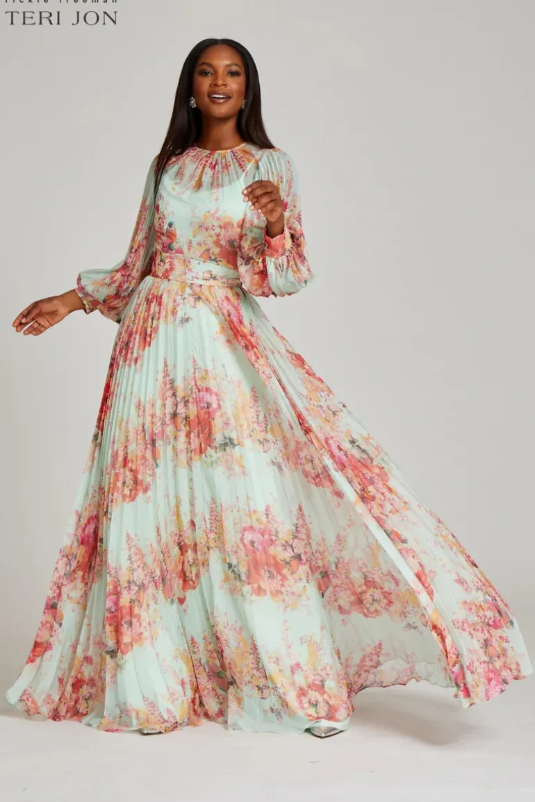 Printed Floral Pleated Maxi Gown
