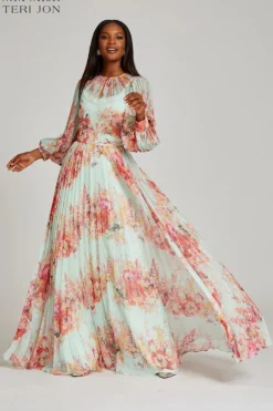 Printed Floral Pleated Maxi Gown
