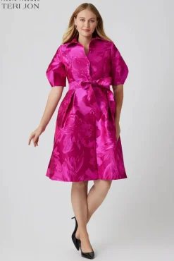 Puff Sleeve Abstract Print Collared Shirt Dress