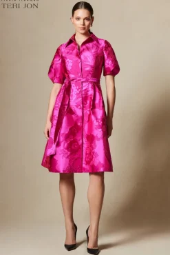 Puff Sleeve Abstract Print Collared Shirt Dress