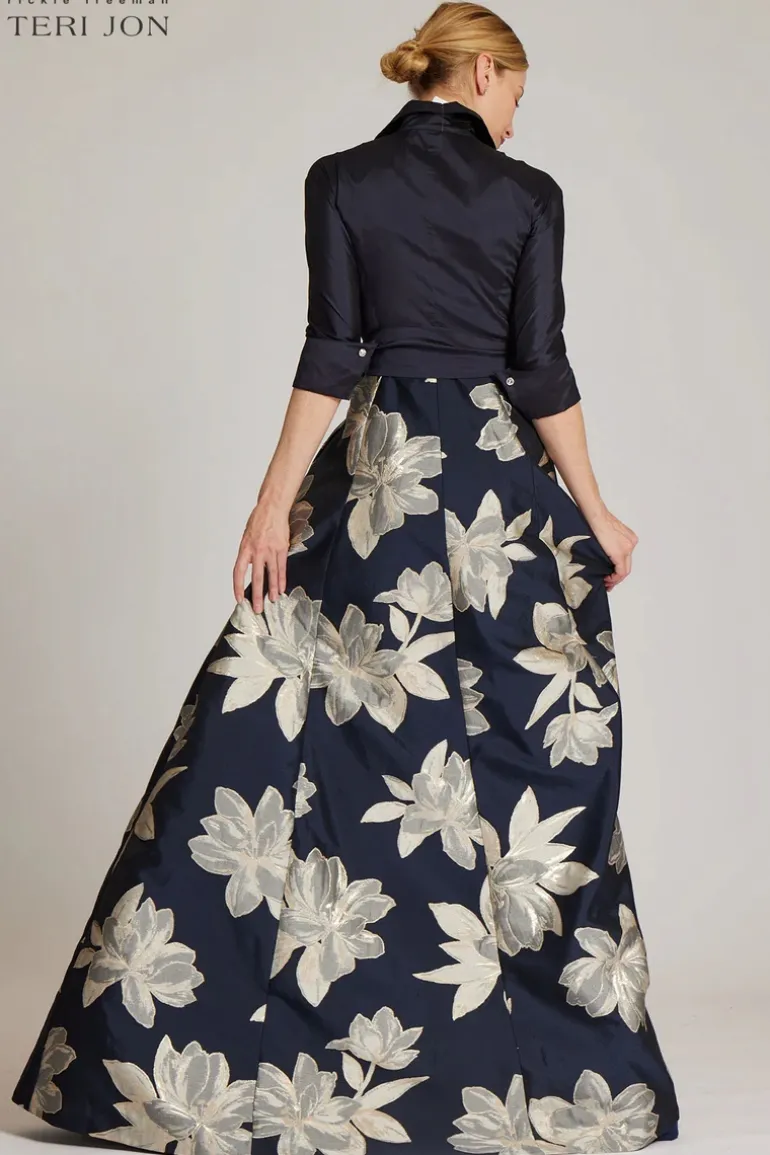 Shirt Waist Jacquard Gown with Large Floral Print Skirt