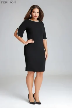 Short Sleeve Pearl Trim Crepe Sheath Dress