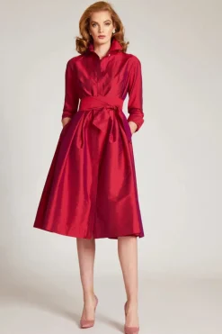 3/4 Sleeve Belted Taffeta Shirt Dress