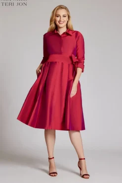 3/4 Sleeve Belted Taffeta Shirt Dress