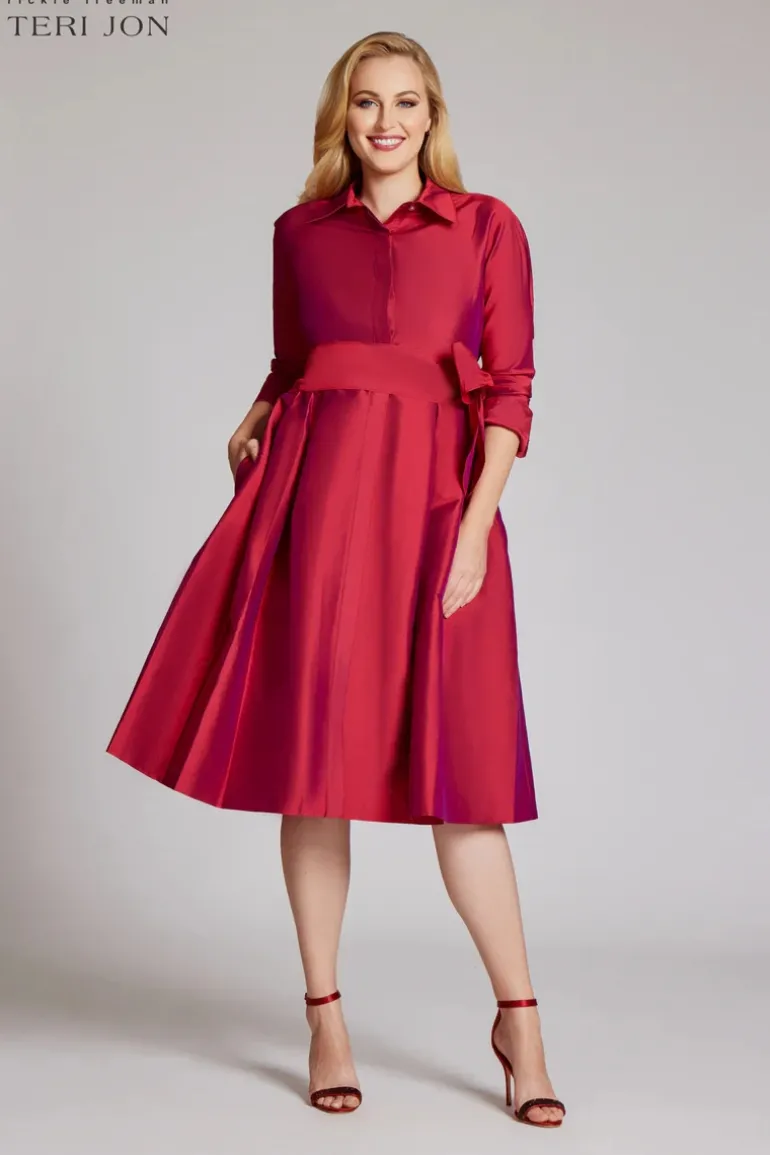 3/4 Sleeve Belted Taffeta Shirt Dress