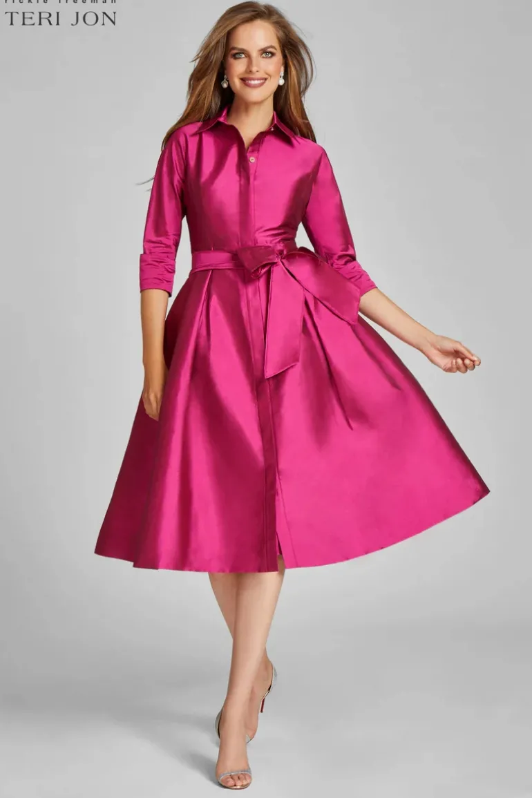 3/4 Sleeve Belted Taffeta Shirt Dress