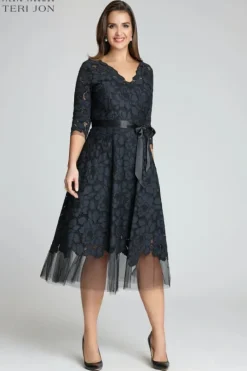 3/4 Sleeve Lace and Tulle Fit And Flare Dress