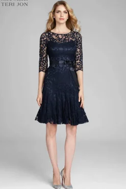 3/4 Sleeve Lace Fit And Flare Dress with Bow