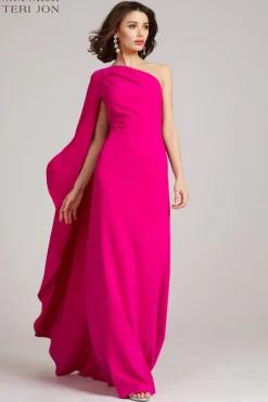 Stretch Crepe Cape One Shoulder Sleeve Gown