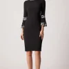 Stretch Crepe Lace Trim Flounce Sleeve Dress