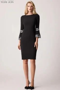 Stretch Crepe Lace Trim Flounce Sleeve Dress