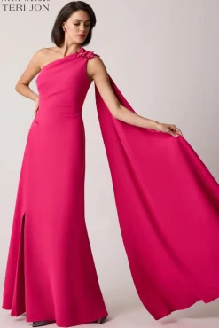 Stretch Crepe One Flower Shoulder Gown
