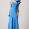 Stretch Gazar Off the Shoulder Side Drape Gown