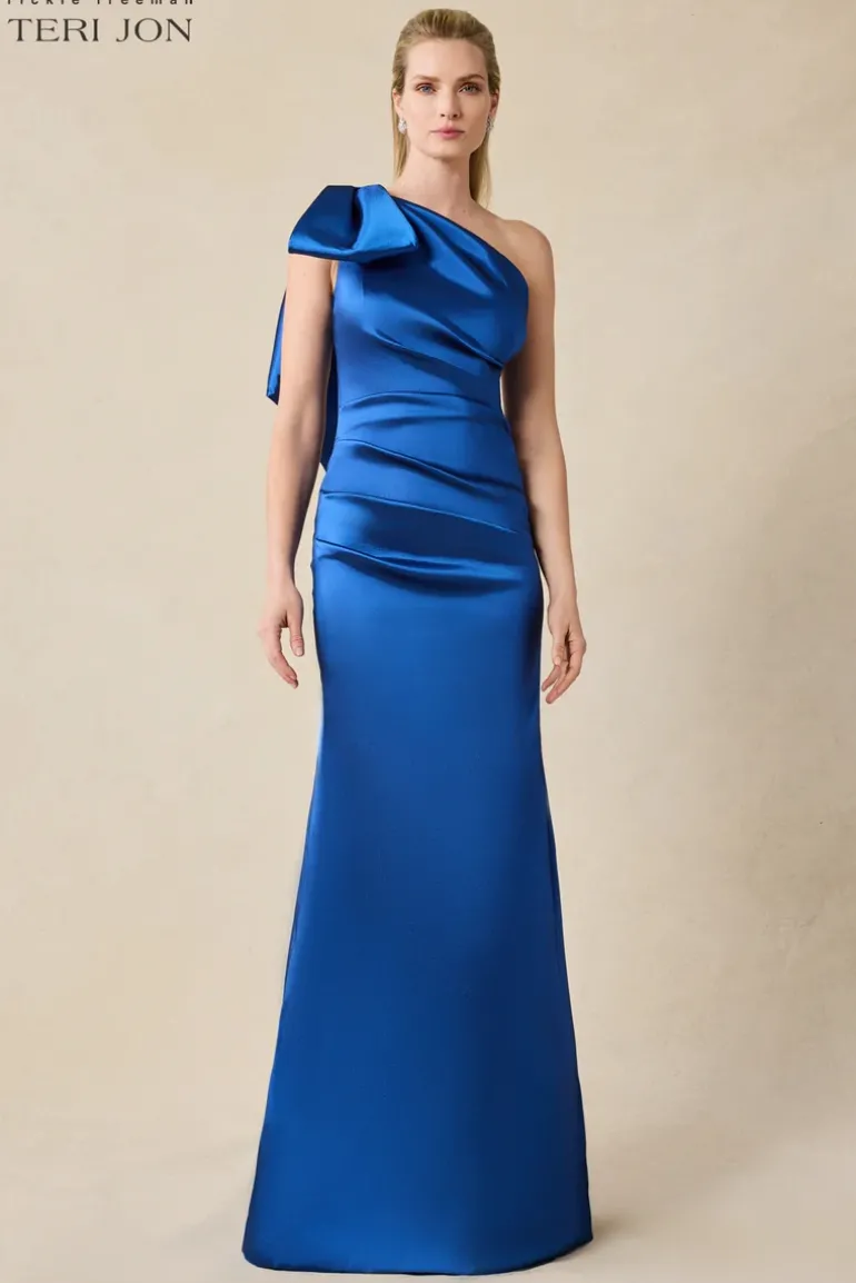 Stretch Gazar One Shoulder Bow Evening Gown