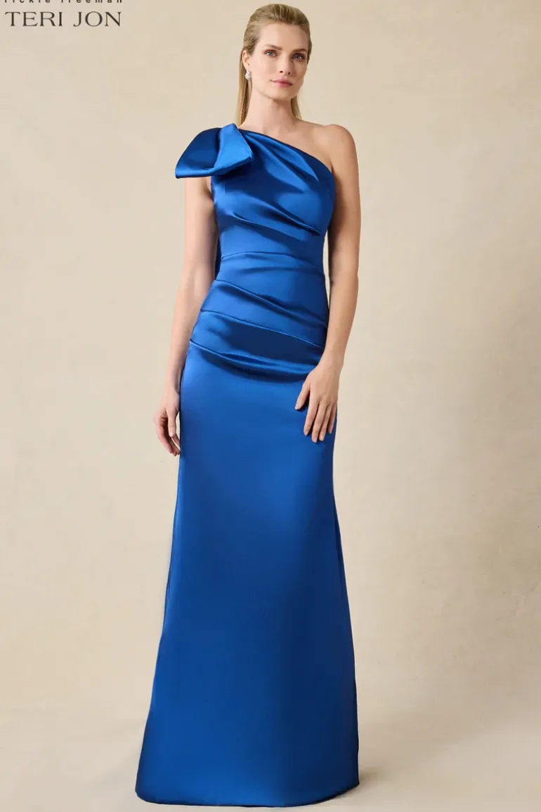 Stretch Gazar One Shoulder Bow Evening Gown