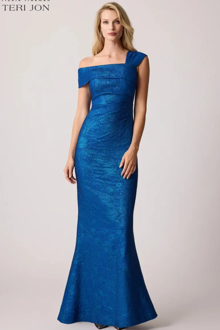 Stretch Jacquard Asymmetrical Swirl Gown