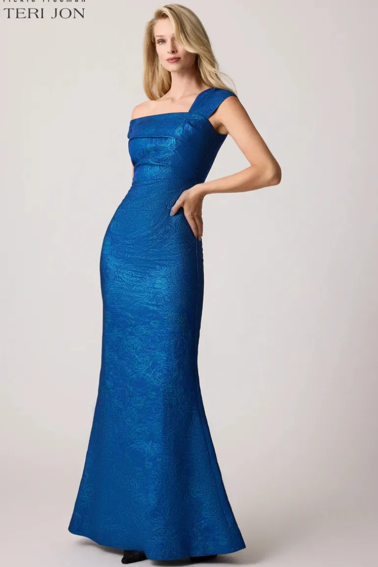 Stretch Jacquard Asymmetrical Swirl Gown