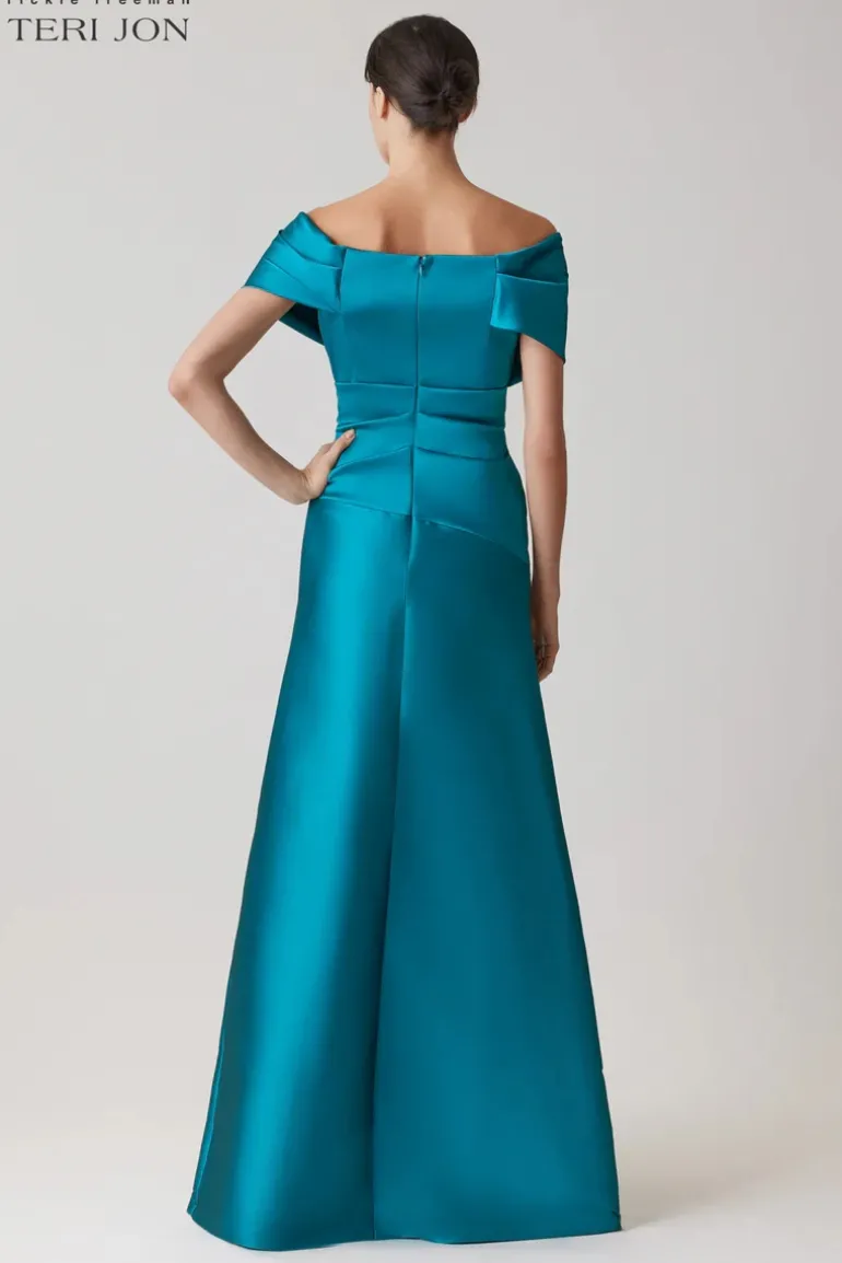 Stretch Mikado Off Shoulder Ruched Gown