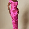 Stretch Printed Gazar Draped Off Shoulder Gown