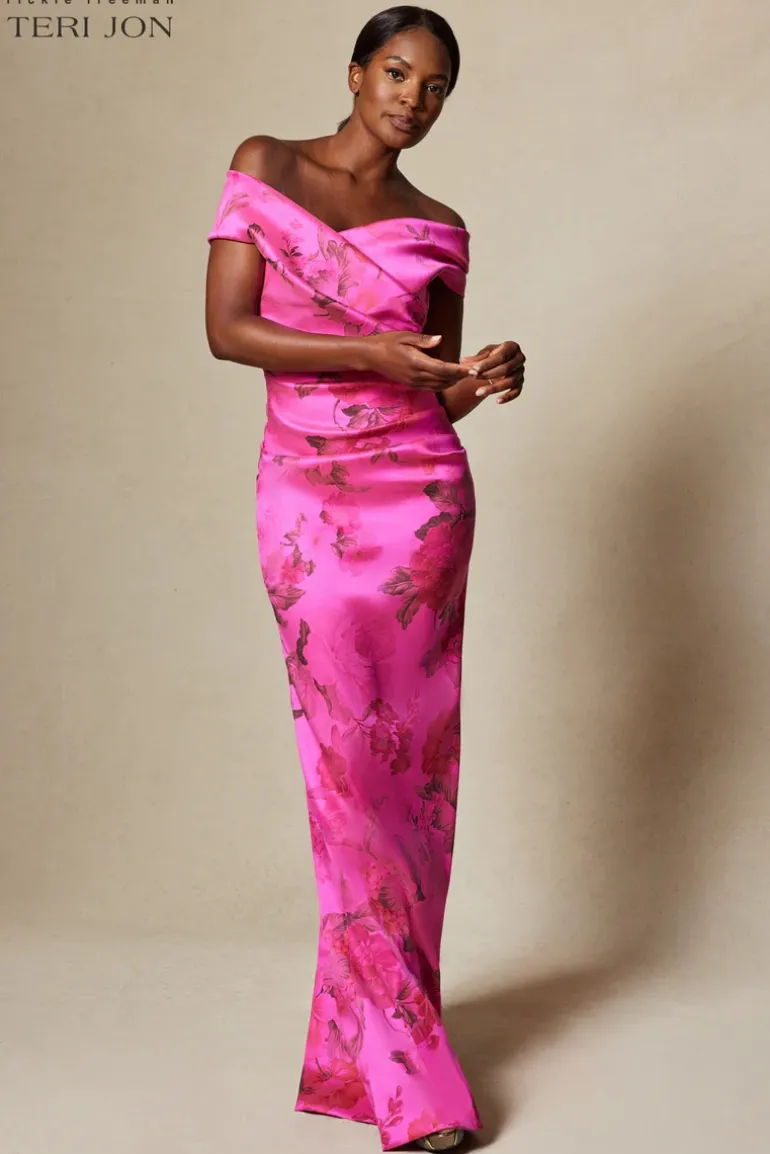 Stretch Printed Gazar Draped Off Shoulder Gown