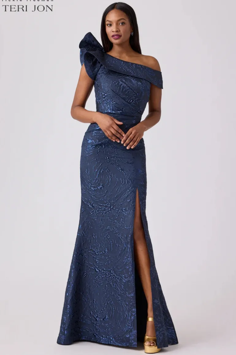 Swirl Jacquard Ruffle Gown