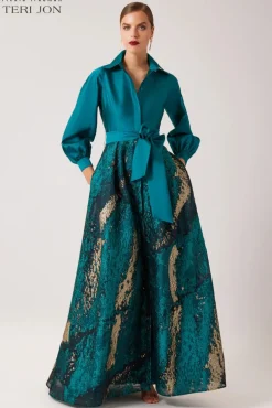 Taffeta and Metallic Jacquard Shirt Waist Gown