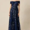 Taffeta Off Shoulder Twist Beaded Tulle Gown