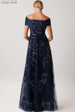 Taffeta Off Shoulder Twist Beaded Tulle Gown
