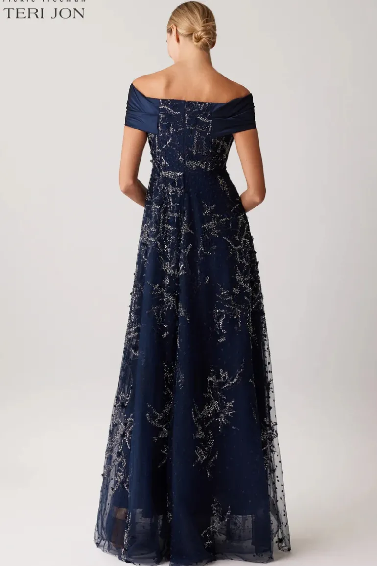 Taffeta Off Shoulder Twist Beaded Tulle Gown