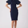 Taffeta Puff Sleeve Crepe Sheath Dress