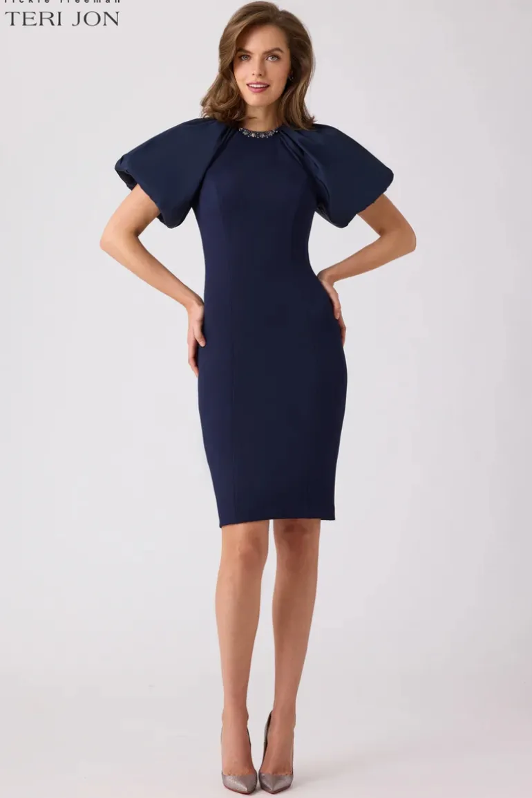 Taffeta Puff Sleeve Crepe Sheath Dress