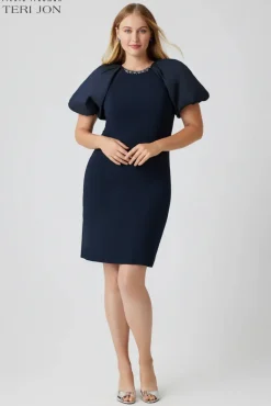 Taffeta Puff Sleeve Crepe Sheath Dress