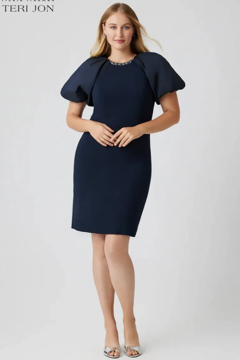 Taffeta Puff Sleeve Crepe Sheath Dress