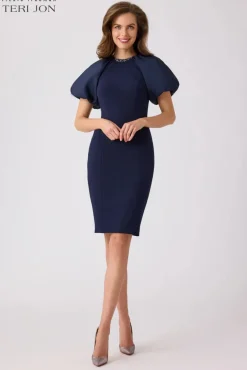 Taffeta Puff Sleeve Crepe Sheath Dress