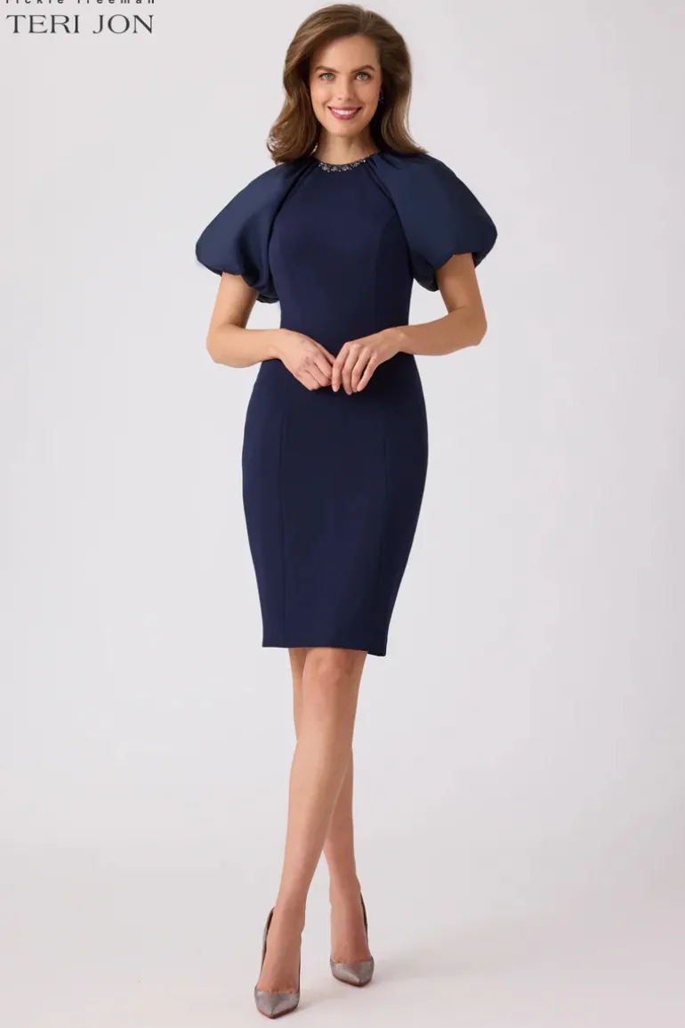 Taffeta Puff Sleeve Crepe Sheath Dress