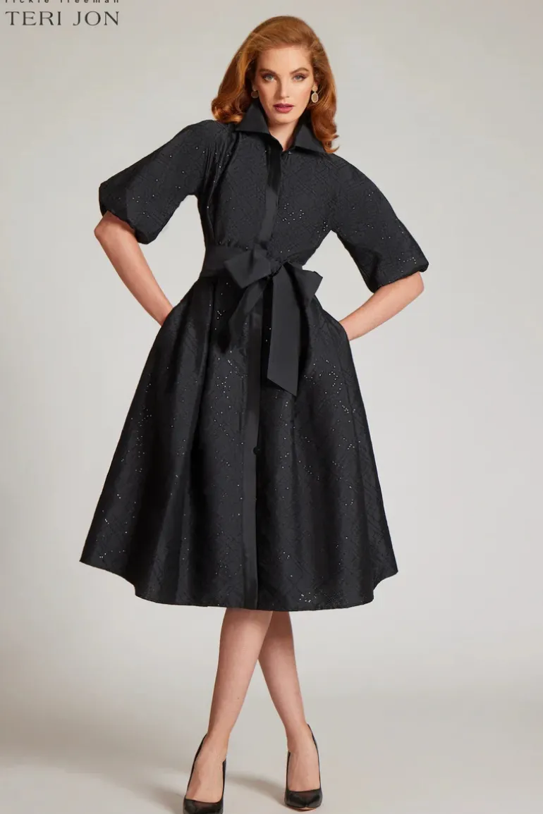 Taffeta Sequin Embellished Puff Sleeve Dress